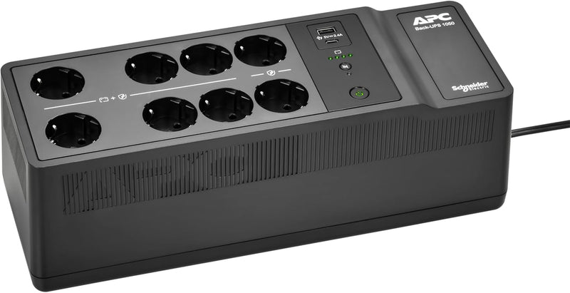 APC UPS für Zuhause, 1050VA UPS Batterie-Backup mit AVR, 8X Schuko CEE 7/3 Steckdosen, (2) USB-Ladea