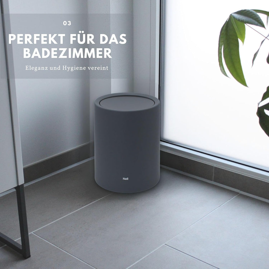 Nell 8L Mülleimer Bad Grau Matt mit Schwingdeckel – Perfekt als eleganter Kosmetikeimer, Ideal auch