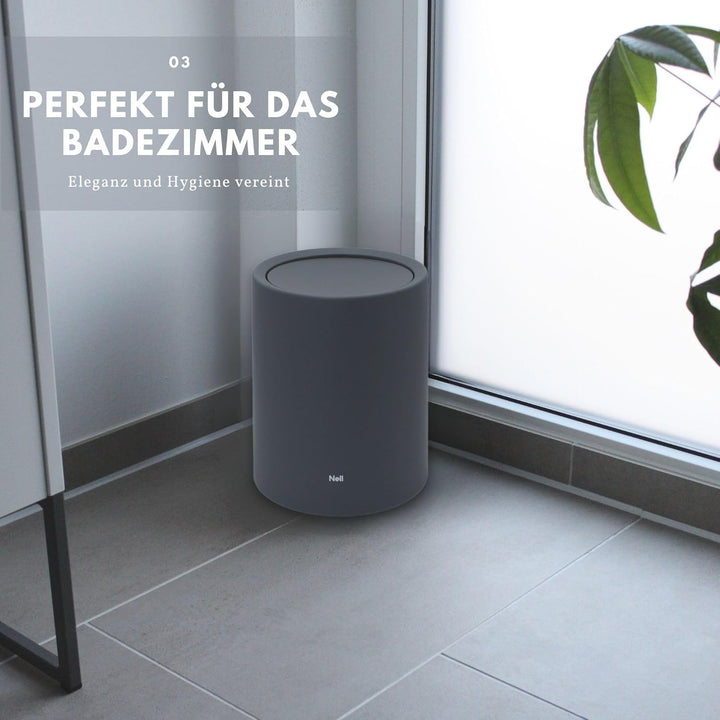 Nell 8L Mülleimer Bad Grau Matt mit Schwingdeckel – Perfekt als eleganter Kosmetikeimer, Ideal auch