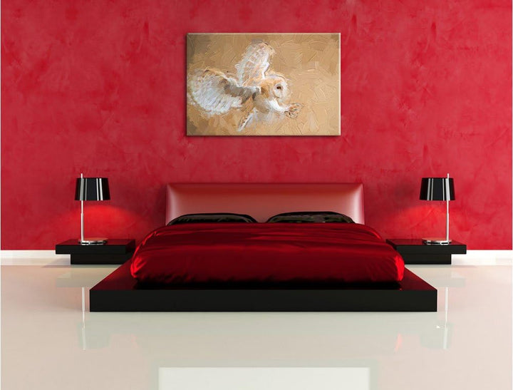 Pixxprint Fliegende Weisse Eule bei der Jagd Kunst Pinsel Effekt, Format: 100x70 auf Leinwand, XXL r