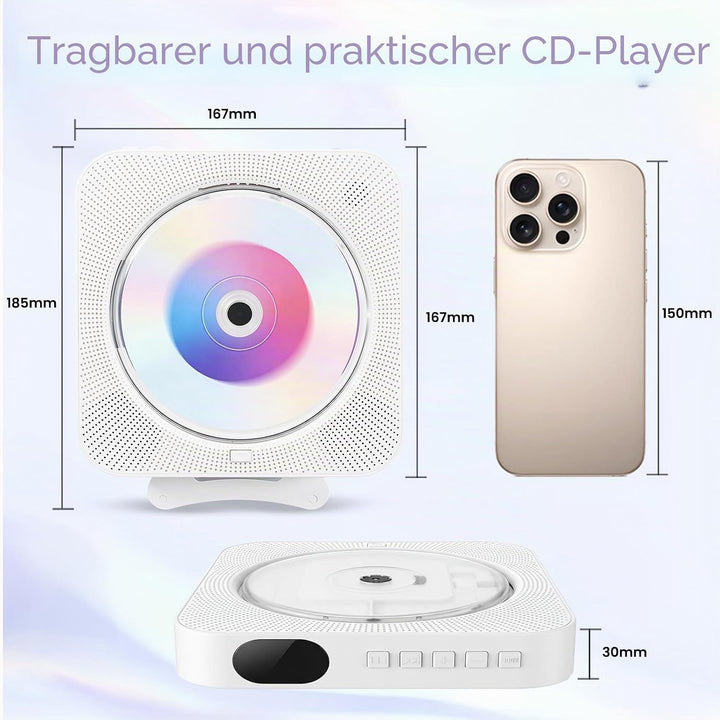 CD-Player mit Bluetooth – Wandmontierbarer Musik-Player Home Audio Boombox mit LCD-Display und Staub