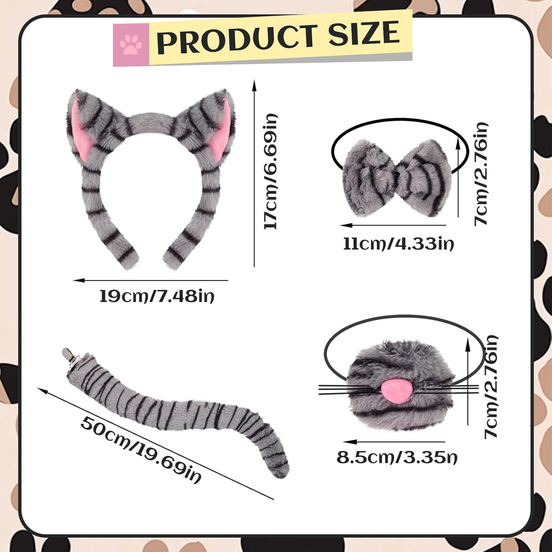 5 Stück getigerte Katzenkostüm-Accessoires für Mädchen, graues Katzenkostüm mit Stirnband, Nase, Fli