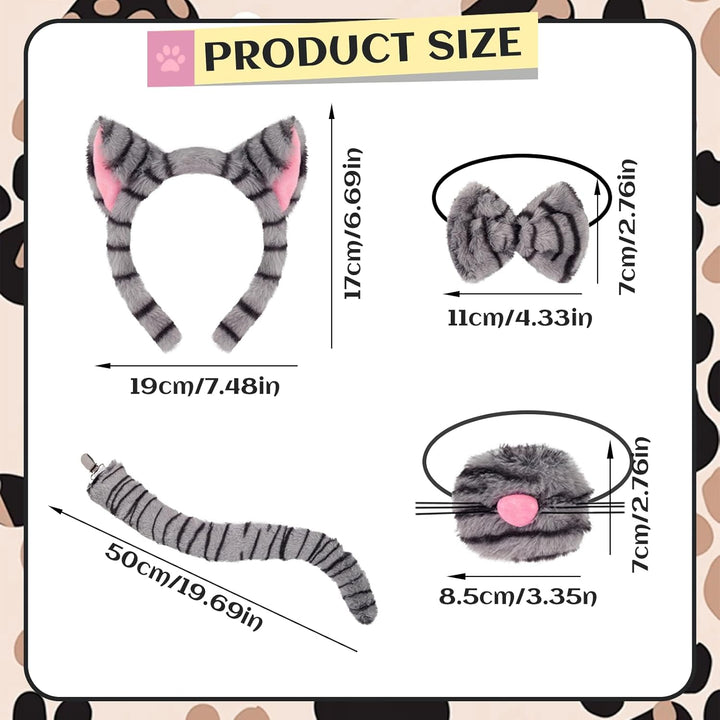 5 Stück getigerte Katzenkostüm-Accessoires für Mädchen, graues Katzenkostüm mit Stirnband, Nase, Fli