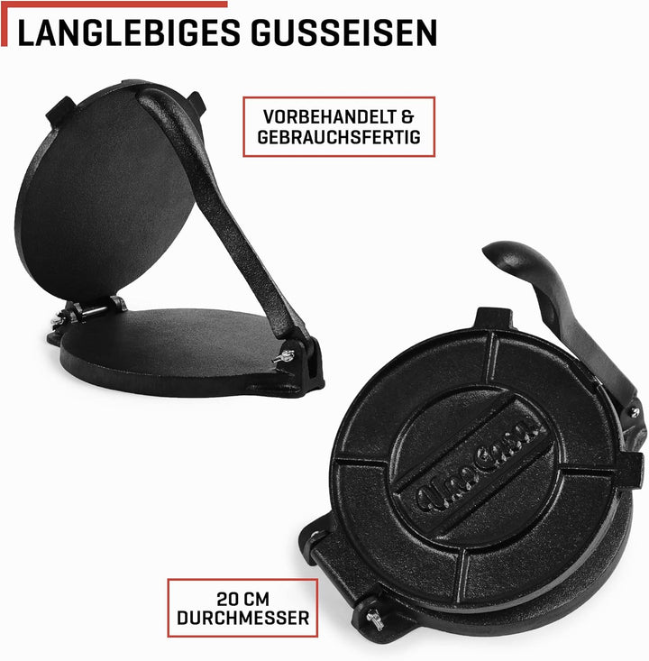 Uno Casa Tortilla Presse 20 cm - Taco Presse, Hochleistungs-Gusseisen Tortilla Maker - Roti Maker Bo