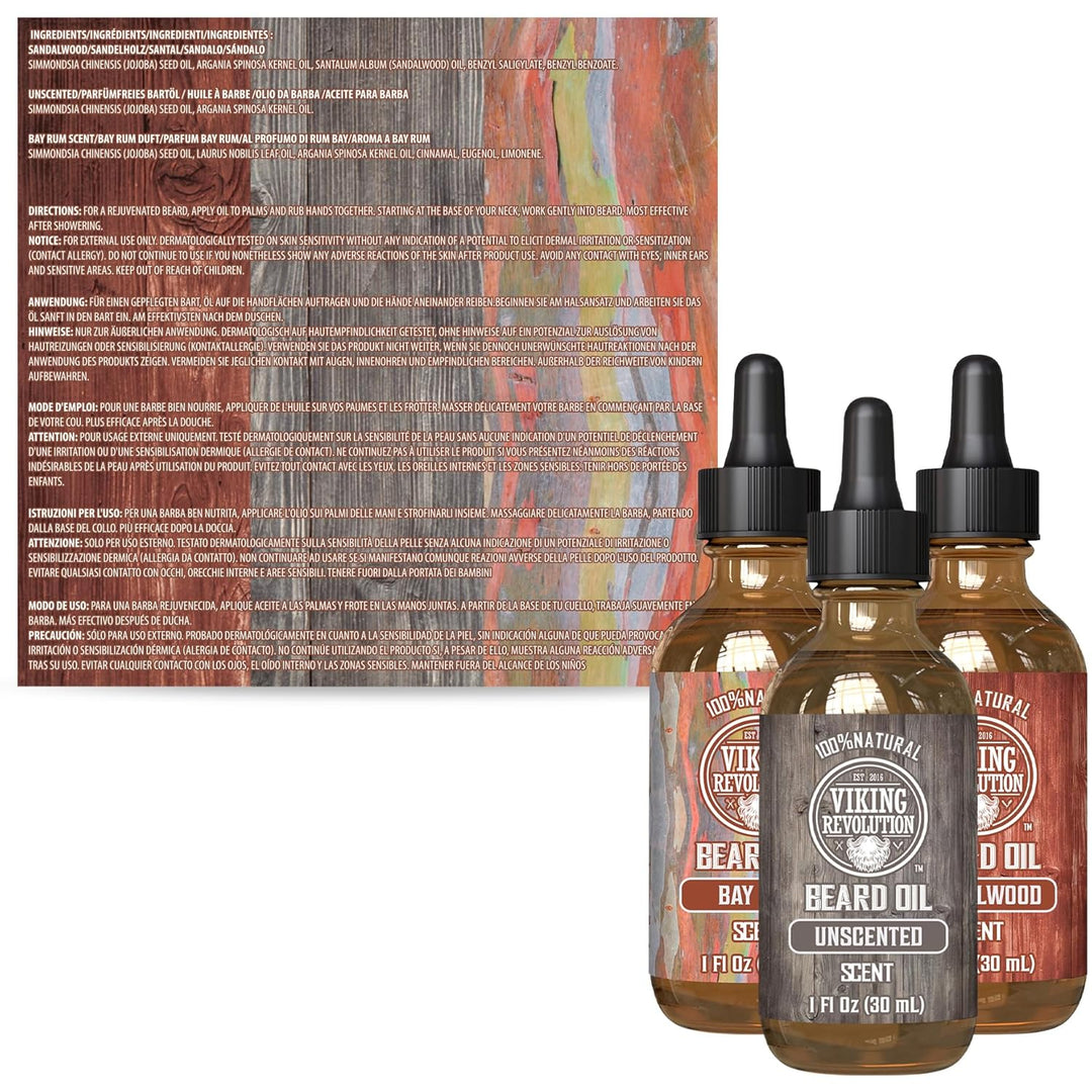 Viking Revolution - Beard Oil Conditioner 3 Pack - All Natural Variety Bay Rum, Unscented, & Sandalw