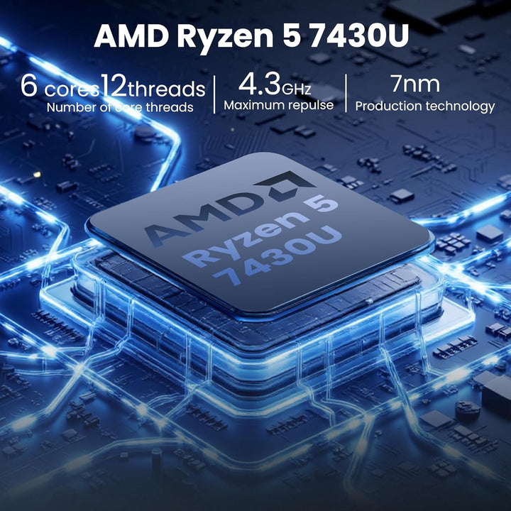 Mini PC, Ryzen 5 7430U (6C/12T 4.3 GHz) 8GB DDR4 256GB SSD, Windows 11 Pro/WiFi 6/ BT-5.2/ USB*4/ Ty