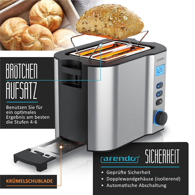 Arendo - Toaster 2 Scheiben Edelstahl mit Restzeitanzeige - 800 Watt - Doppelwandgehäuse - Integrier