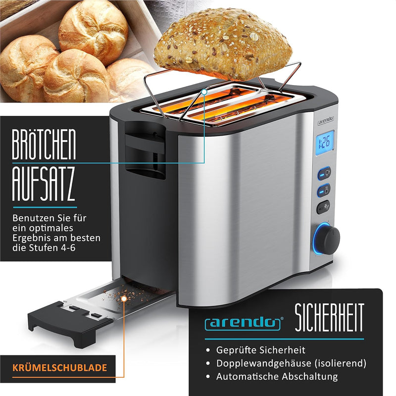 Arendo - Toaster 2 Scheiben Edelstahl mit Restzeitanzeige - 800 Watt - Doppelwandgehäuse - Integrier