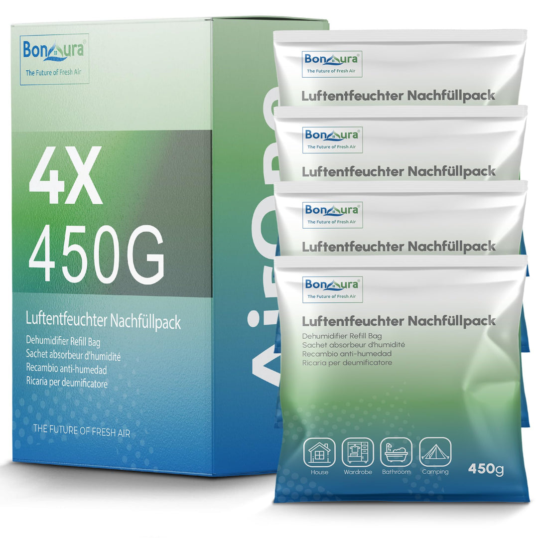 BonAura® Luftentfeuchter Nachfüllpack 4x 450g - Sparset Luftentfeuchter Granulat - 4er Set Entfeucht