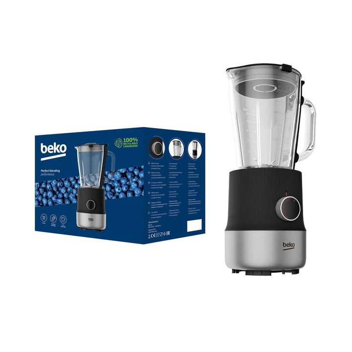 BEKO Tischmixer TBN81808BX, 800 W, 6 Geschwindigkeiten, 4 Edelstahlklingen, 1750 ml, Kabelhalter, Sc