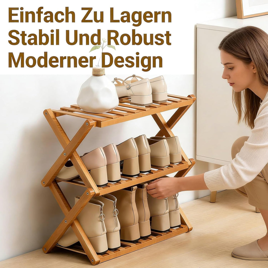 3 Ebenen Faltbares Schuhregal, Schuhregal Platzsparend Holz, Freistehendes Schuhregal für Eingangsbe