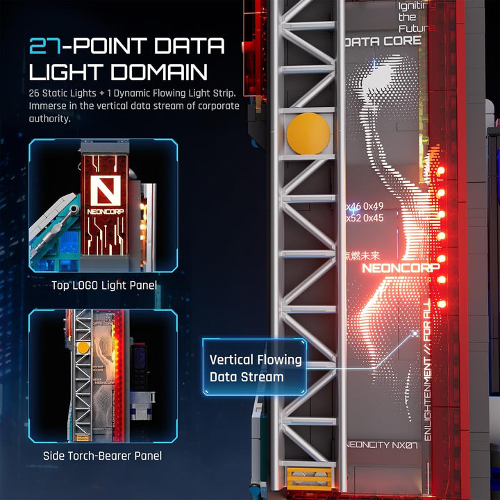 Lumibricks Neon Tech Tower Beleuchtetes Klemmbaustein-Set, 2227 Teile Cyberpunk-Wolkenkratzer mit 27