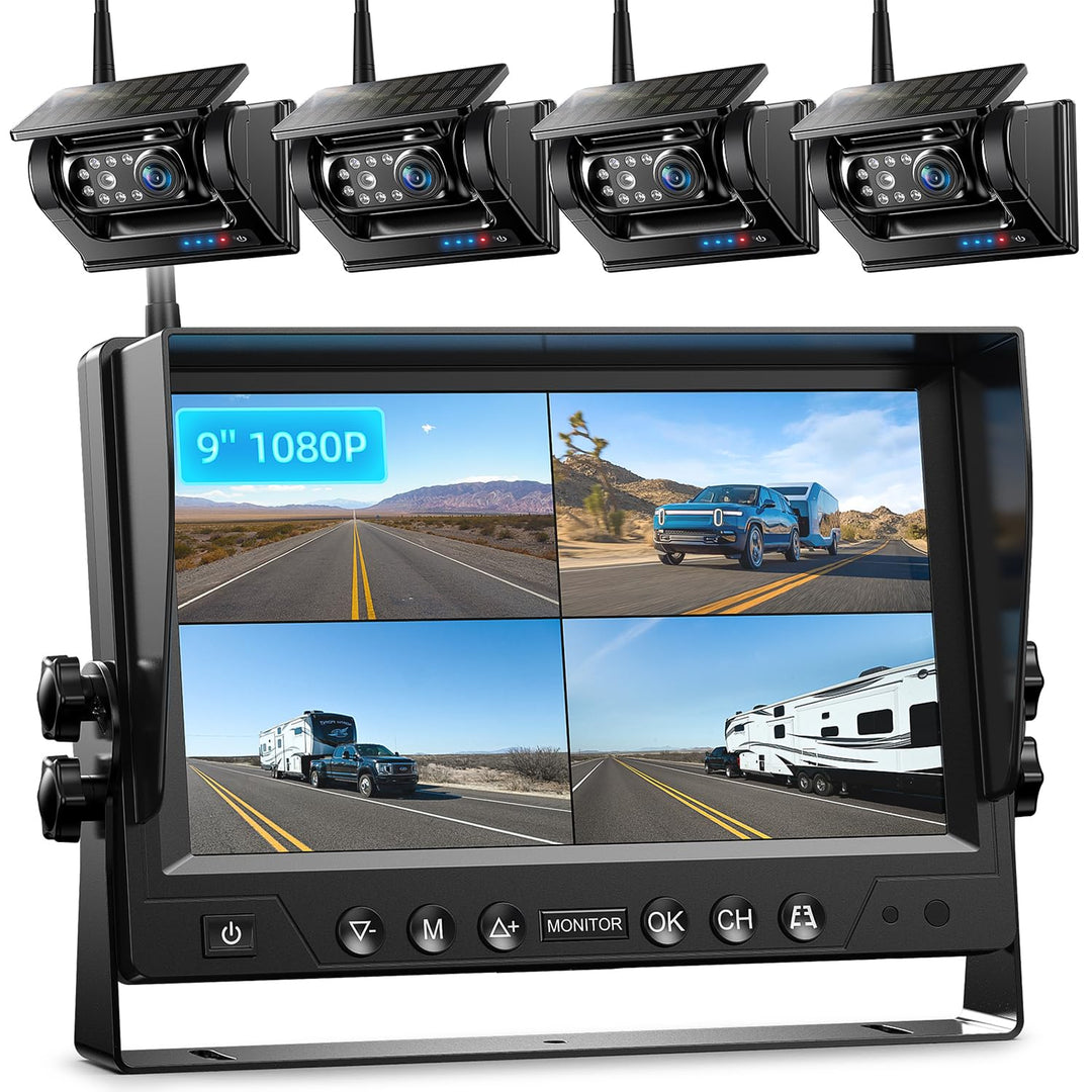 4 Magnetisch Solar Rückfahrkamera Kabellos, HD1080P, 9'' Loop Aufnahmemonitor, kabelloses Quad RV Rü