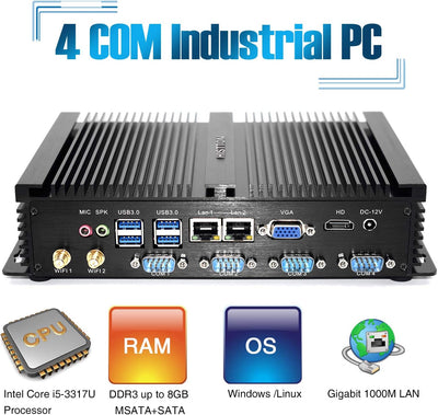 HISTTON Mini PC Lüfterlos Industrie PC Core i5-3317U 8GB RAM 256GB SSD, HDMI/VGA Dual Ausgang, 4 RS2