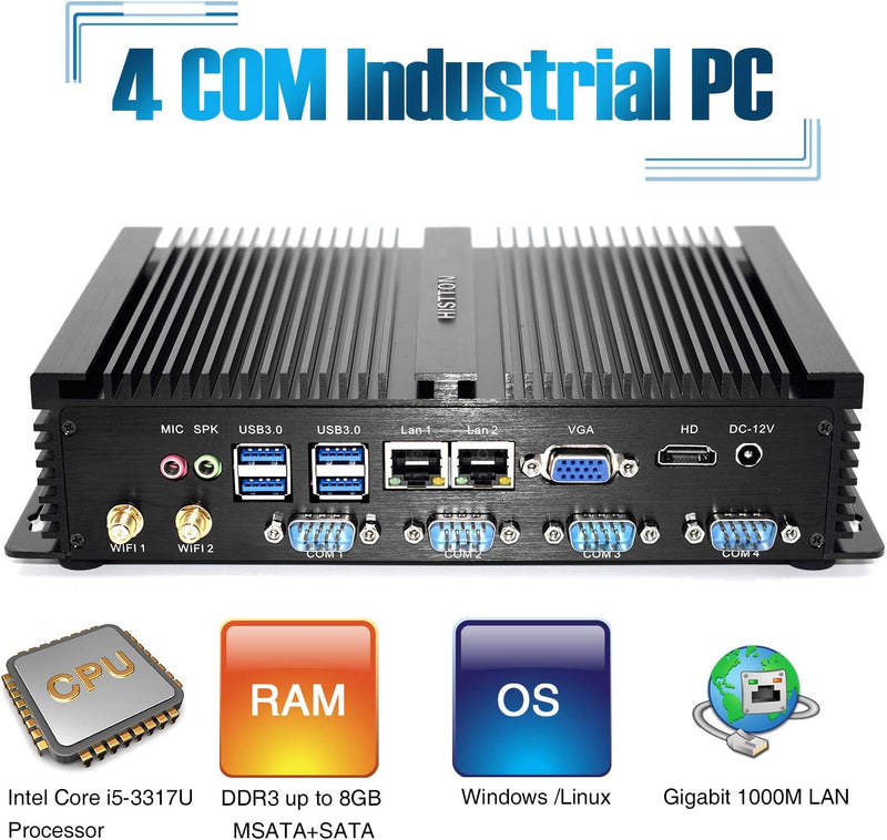 HISTTON Mini PC Lüfterlos Industrie PC Core i5-3317U 8GB RAM 256GB SSD, HDMI/VGA Dual Ausgang, 4 RS2