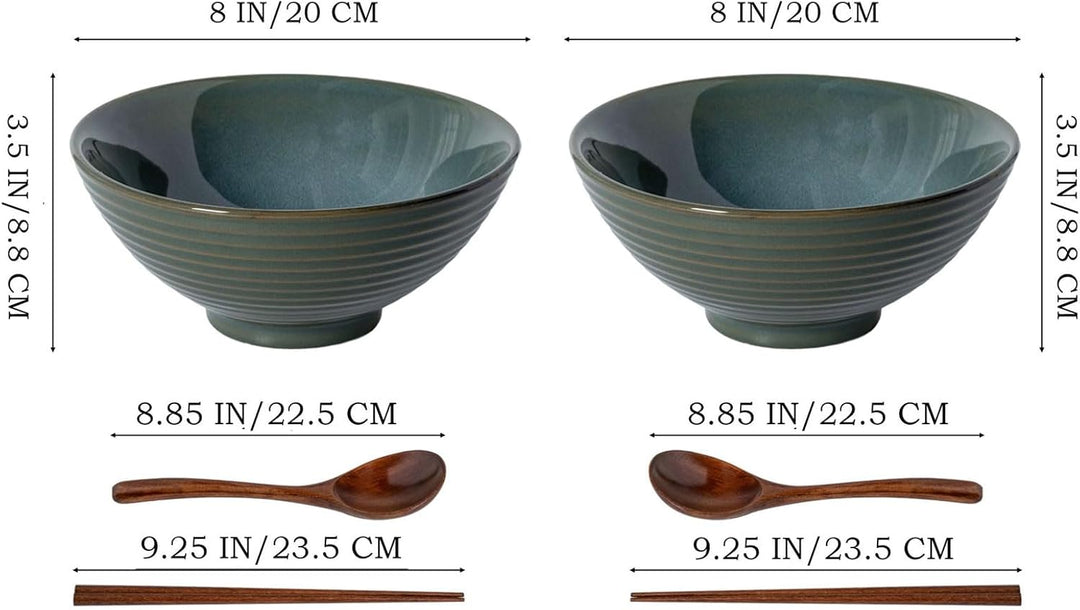 2X Ramen Bowl Ceramic - 1200ml - 20 cm - With Spoon and Chopsticks for Ramen Soup Pho Udon Asian Noo