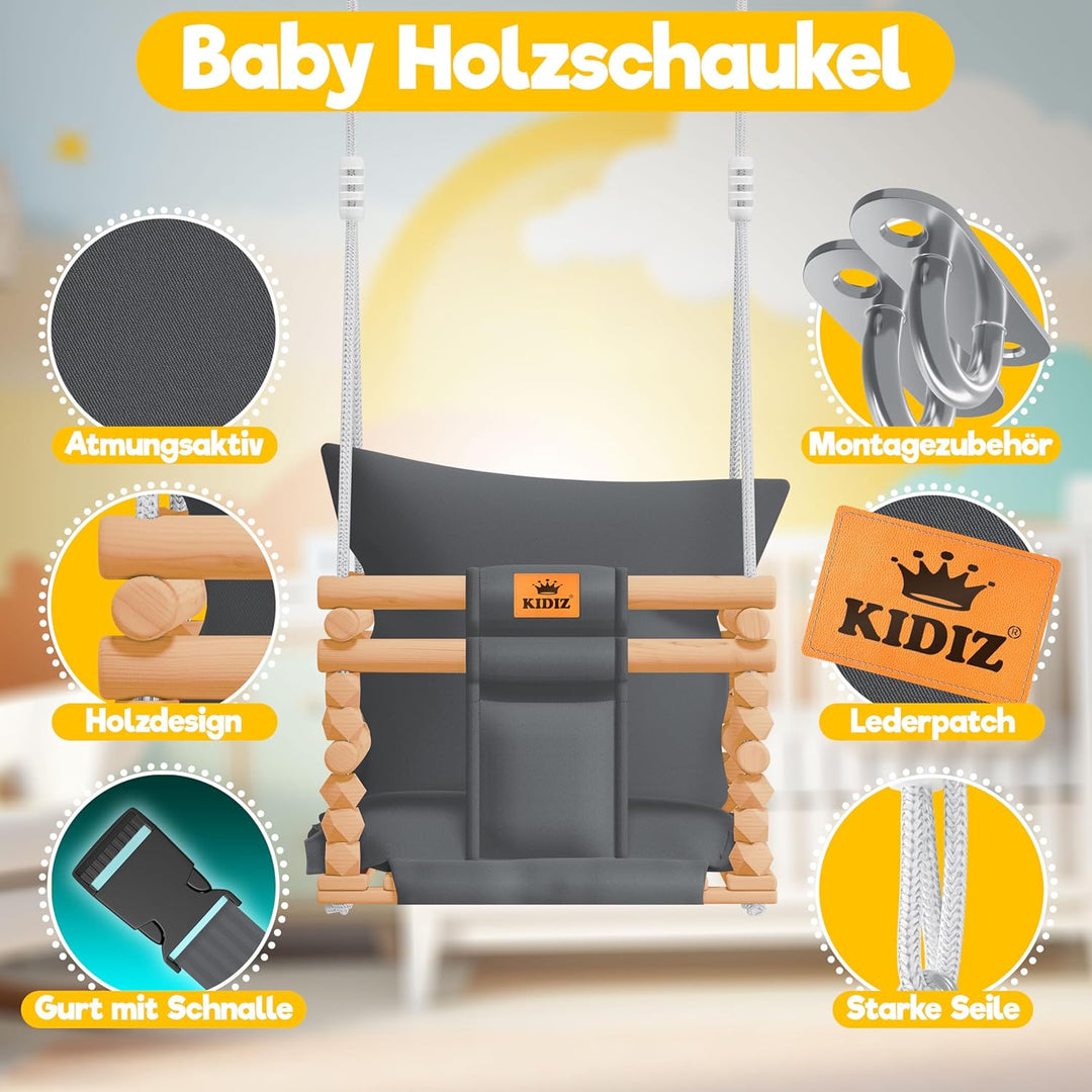 KIDIZ® Babyschaukel Kinderschaukel für Babys ab 6 Monaten und Kleinkinder bis 3+ Jahre | Holzschauke