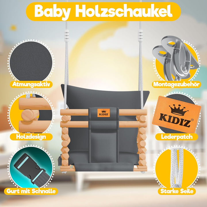KIDIZ® Babyschaukel Kinderschaukel für Babys ab 6 Monaten und Kleinkinder bis 3+ Jahre | Holzschauke