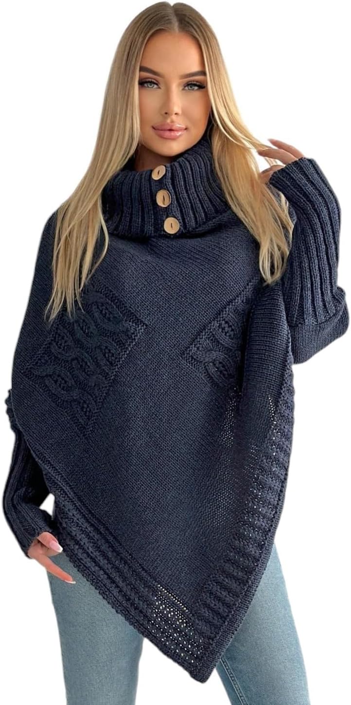 Mississhop Poncho Strick Sweatshirt Pullover Umhang Überwurf Einheitsgrösse Nachtblau, Einheitsgröss
