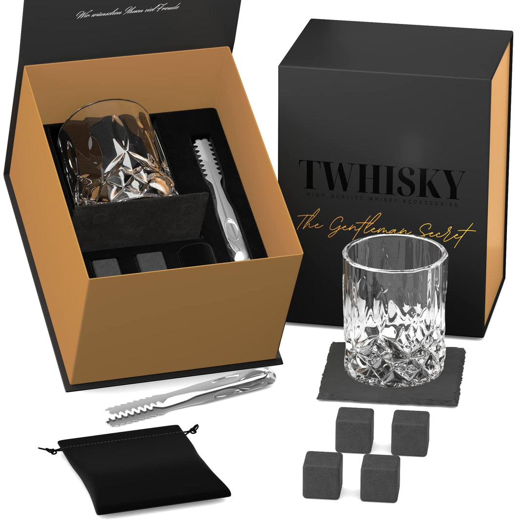 Twhisky Premium Whisky Glas Geschenkset - 1 Whiskey Glas Tumbler 300 ml, 4 wiederverwendbare Whisky