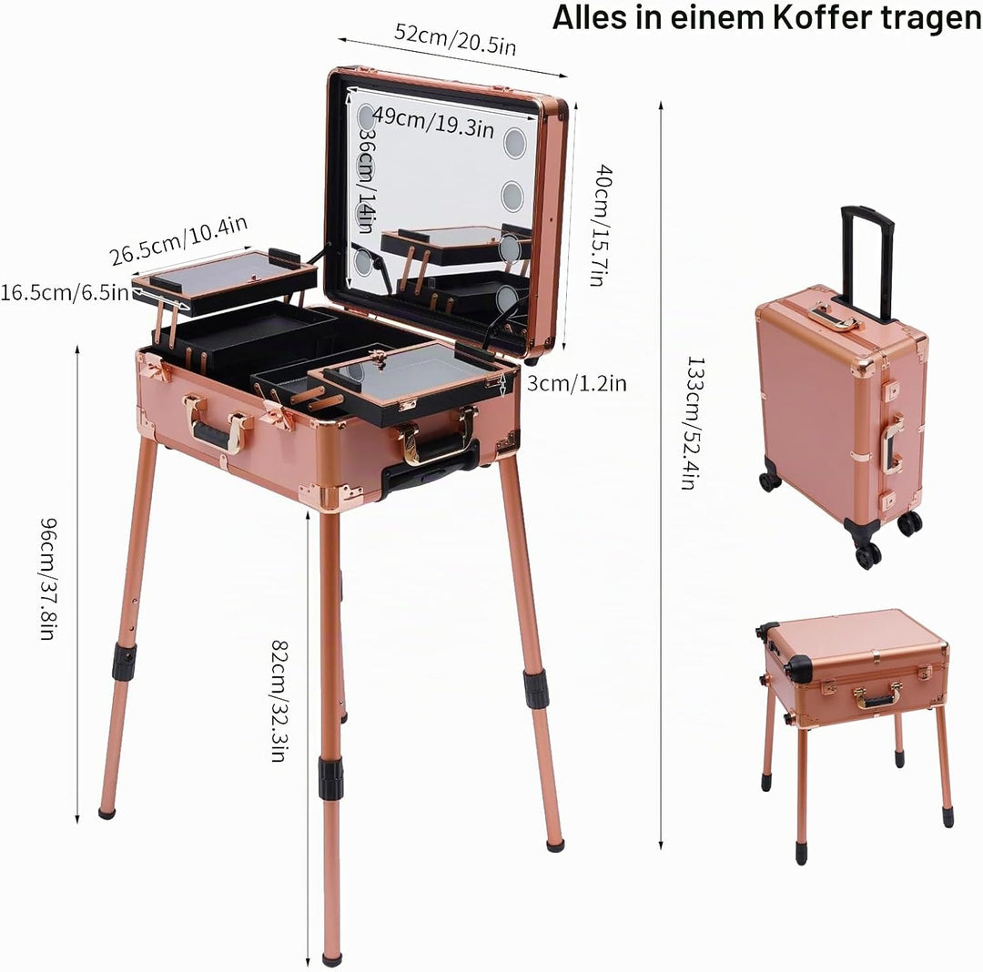 Kosmetikkoffer Trolley mit Spiegel und Licht Mobile Schminkstation Tisch, Einstellbare Höhe und Hell