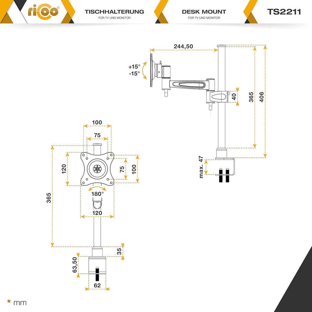 RICOO Monitor Halterung Tisch, VESA Tischhalterung für 13-30 Zoll, Monitorhalterung 1 Monitor Arm TS