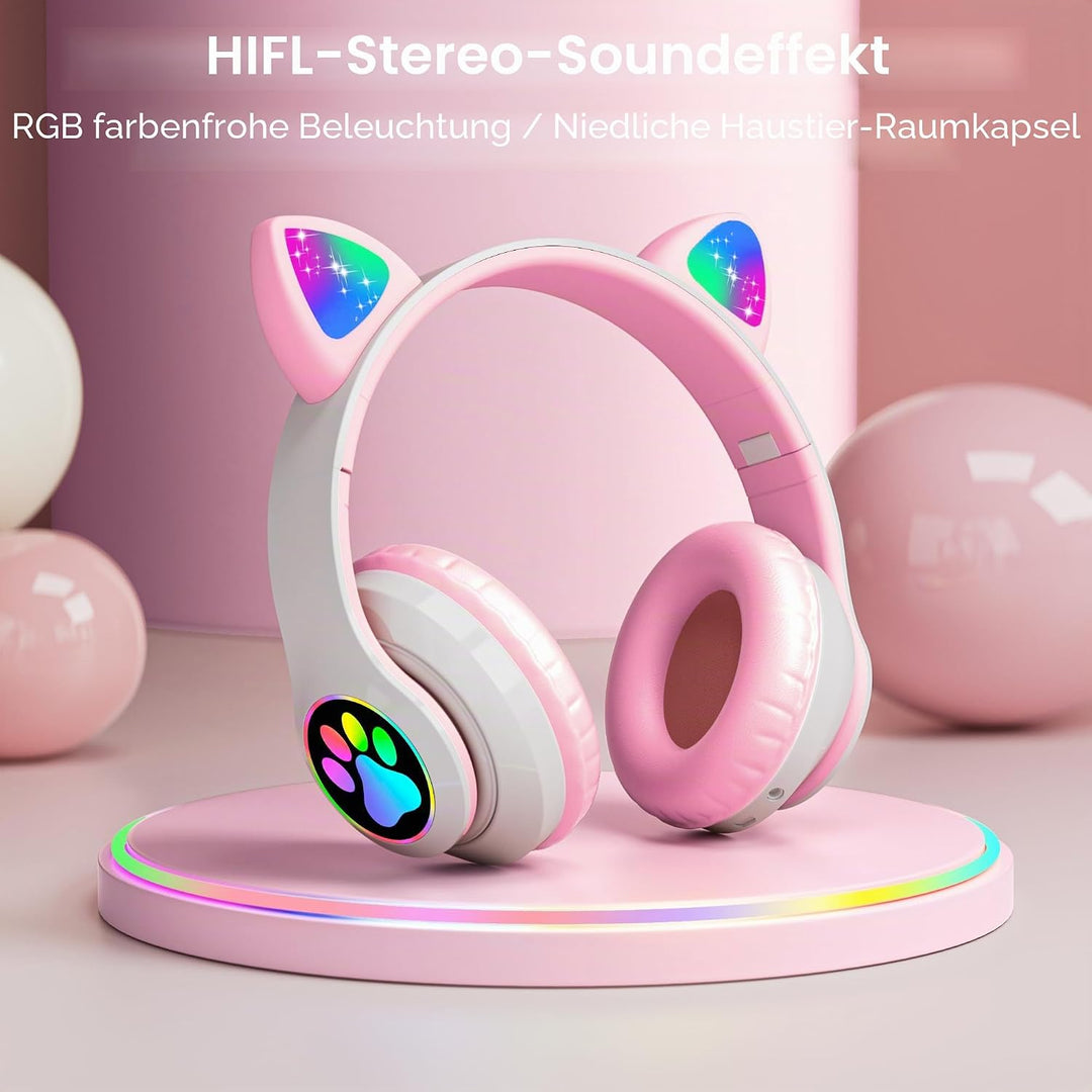 Katzenohr Kopfhörer Kindergeburtstag Geschenke Kind LED Katzenohren Faltbar Kabellose Bluetooth Over