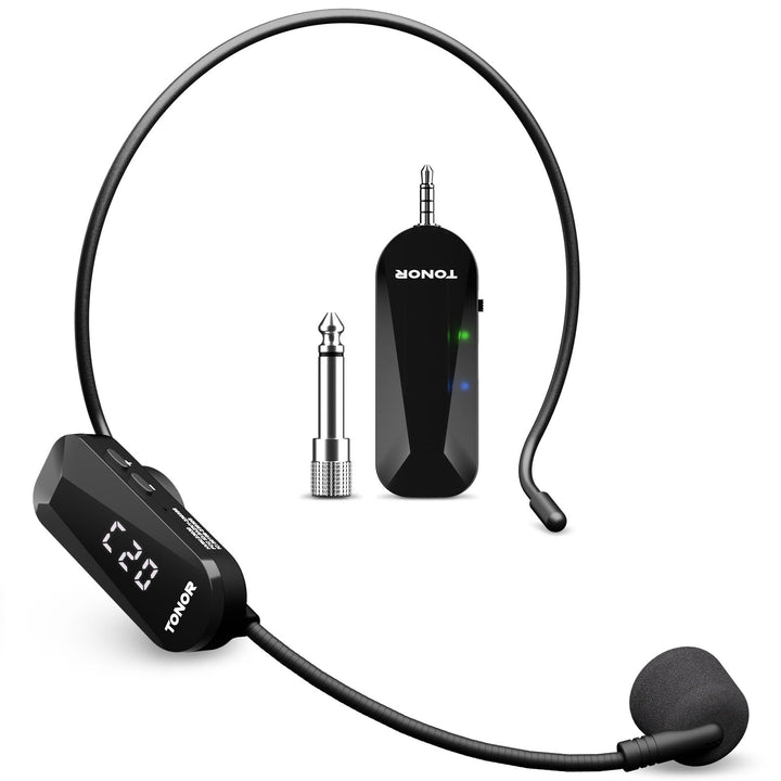 TONOR Wireless Mikrofon Headset, UHF Wiederaufladbares Drahtloses Mikrofon, 20 Kanäle mit 20m Kabell
