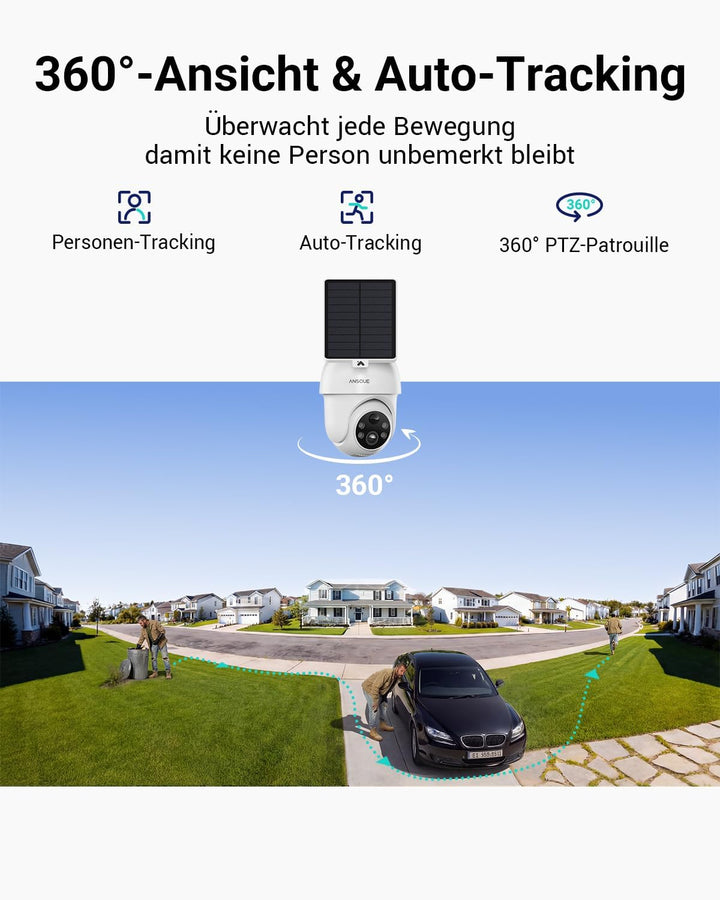 ANSQUE Überwachungskamera Aussen Solar Akku, 4er Set mit AnsqueBase, Ohne Abonnement, 32GB Lokalspei