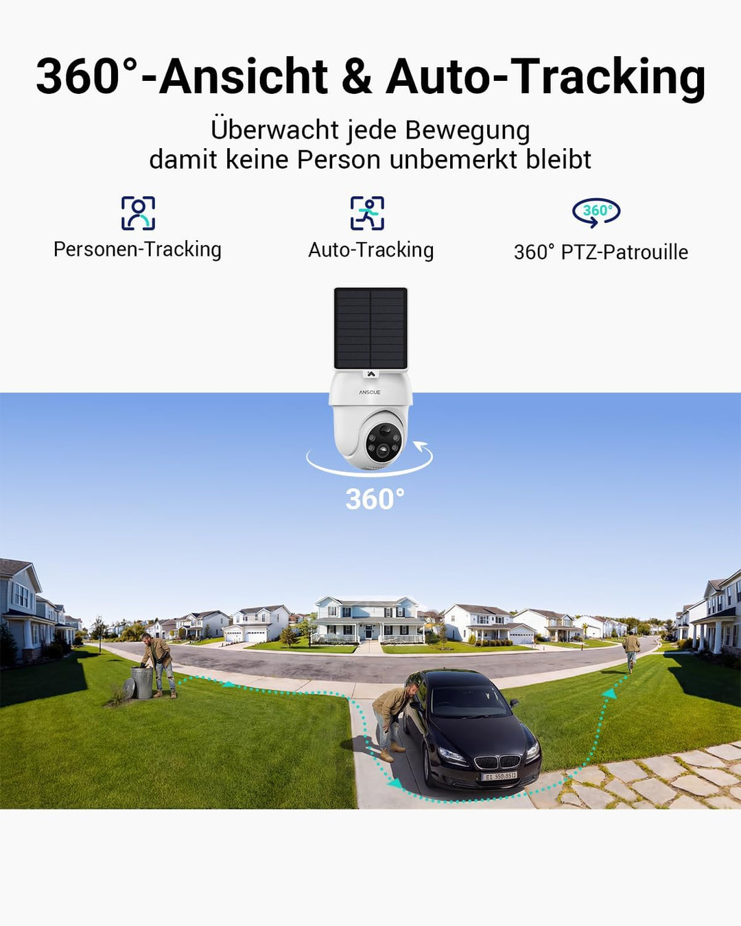 ANSQUE Überwachungskamera Aussen Solar Akku, 2er Set mit AnsqueBase, Ohne Abonnement, 32GB Lokalspei