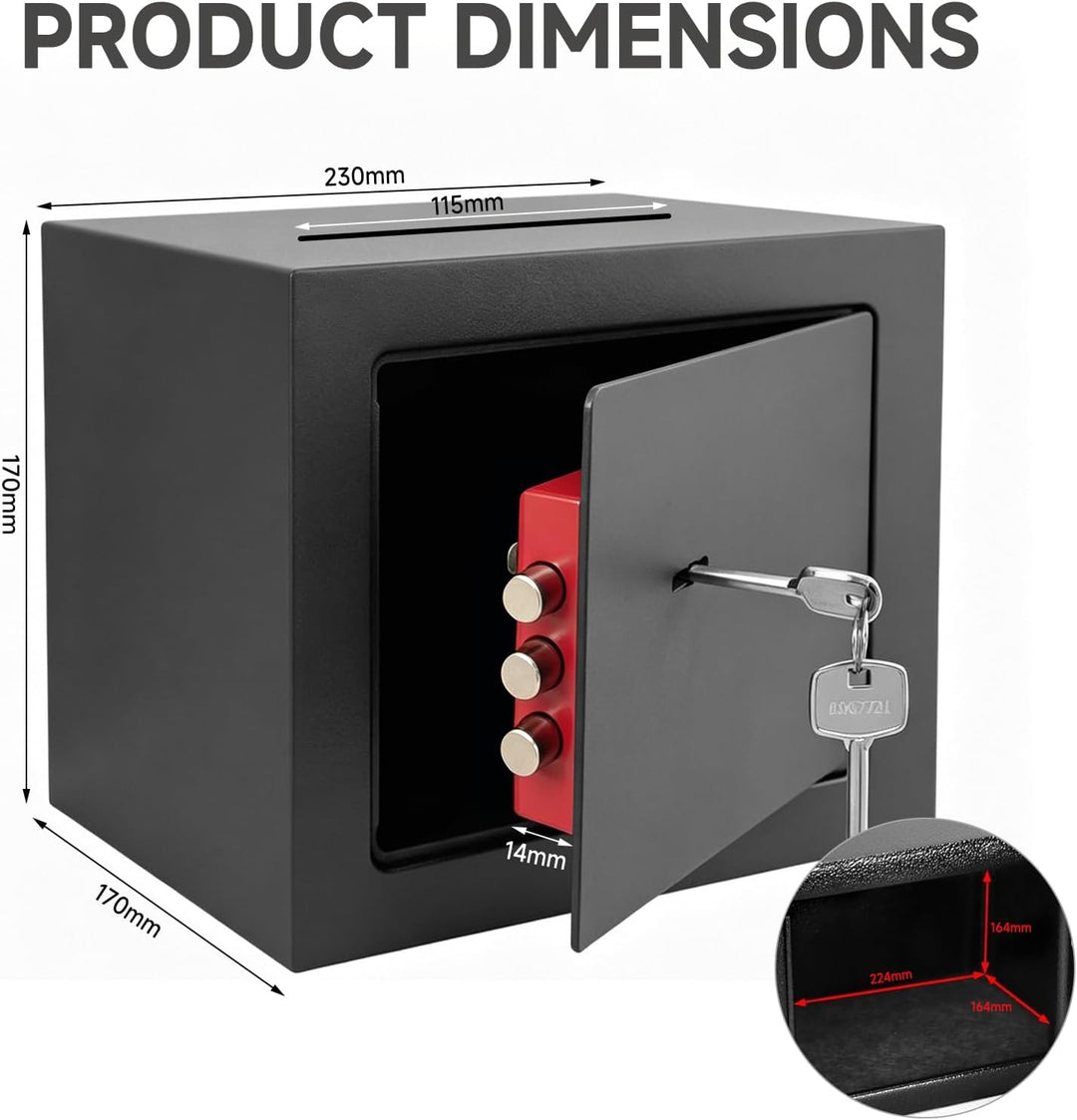 Safe Tresor mit Schlüssel, Möbeltresor, Doppelbart-Sicherheitsschloss, 6,6 L Safe Tresor mit Stahlko