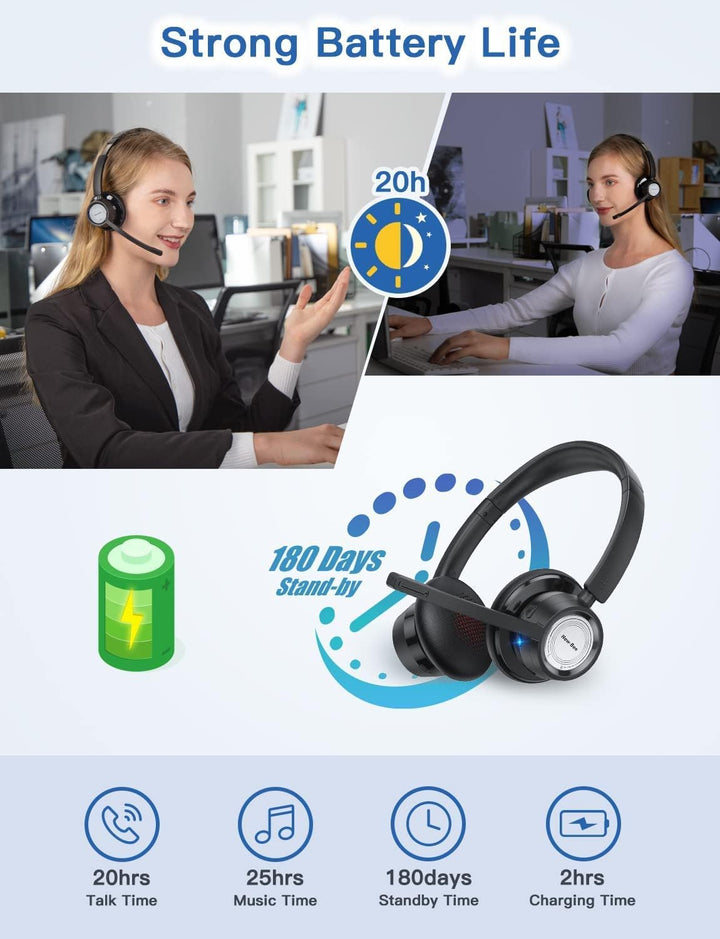 New Bee Wireless Headset, Bluetooth Headset mit Mikrofon Geräuschunterdrückung 20 Stunden Sprechzeit