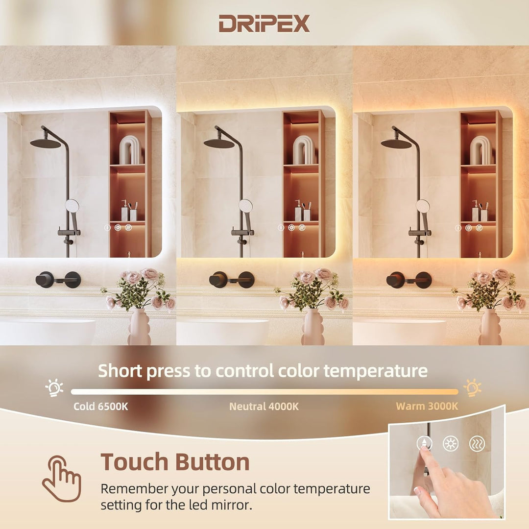 Dripex Badezimmerspiegel Led Badspiegel, Rechteckig, Touch-Schalter, Dimmbar, 3 Lichtfarbe Einstellb