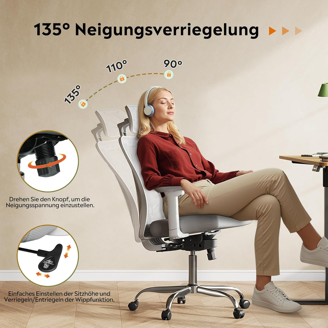 DEVAISE Bürostuhl Ergonomisch: Schreibtischstuhl mit Wippfunktion, Verstellbarer Kopfstütze & Lenden