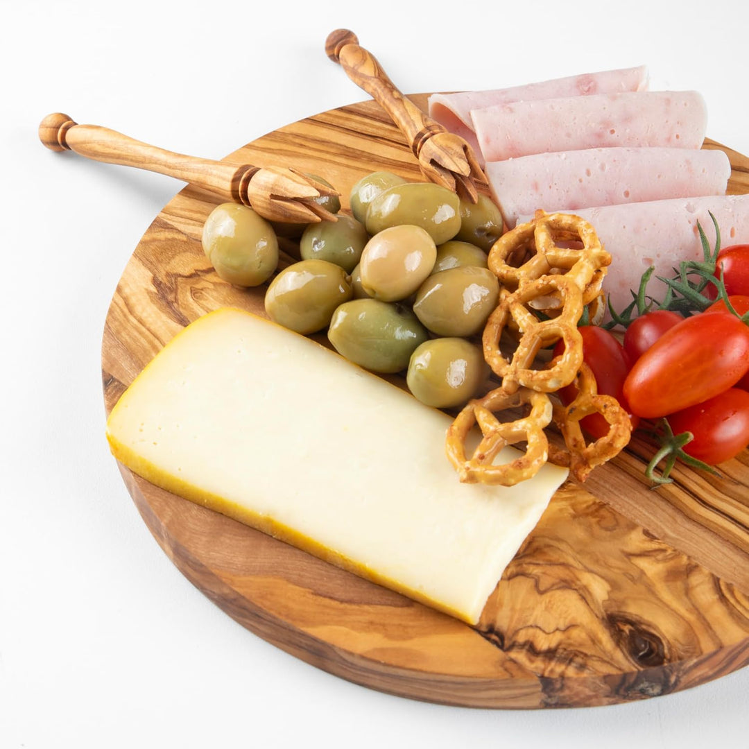Handgefertigtes rundes Paddelbrett aus Olivenholz – gestreiftes Servierbrett für Käse, Brot und Vors