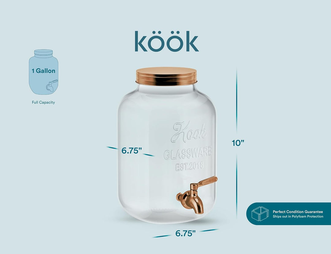 Kook Getränkespender aus Glas, mit auslaufsicherem Edelstahl-Zapfen, klares Einmachglas, Getränkeauf