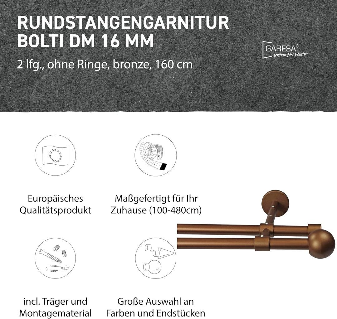 Garesa Gardinenstange Bolti Ø 16mm, 2-läufig, Bronze I Stabile Vorhangstange ohne Ringe I Mit Endkno