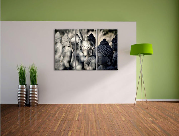 Pixxprint Buddha-Statuen in Einer Reihe als Leinwandbild/Grösse: 3 Teilig (120x80) cm/Wandbild/Kunst