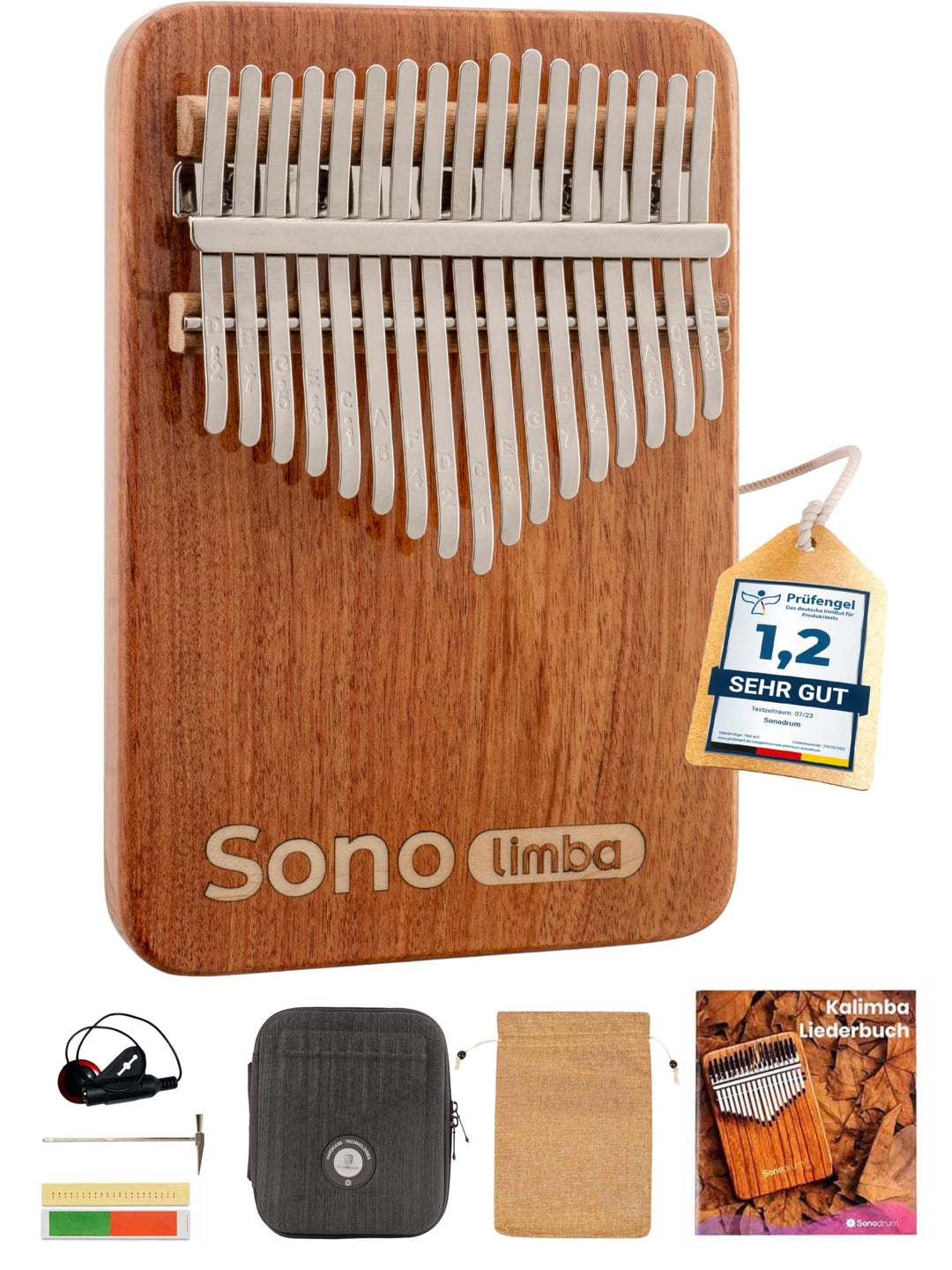 Kalimba "Sonolimba" mit 17 Schlüsseln in C - Dur aus Korallenholz. Daumenklavier inkl. Set mit Liede
