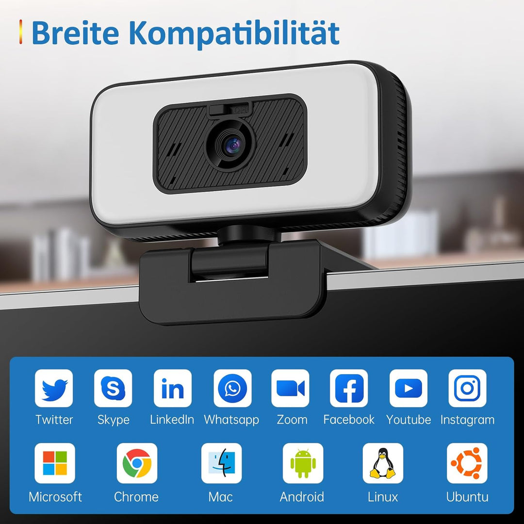 2K Webcam mit Mikrofon und Abdeckung – USB PC Kamera mit Licht, Zoom, Flip, Privacy-Cover – Externe