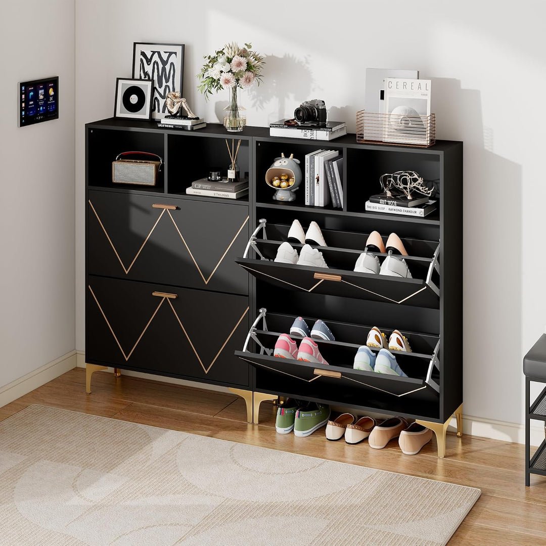 ModernLuxe Schuhschrank Schwarz mit 2 Klapptüren, 4-Fächer Schuhkommode 80×25×117 cm mit Halboffenen