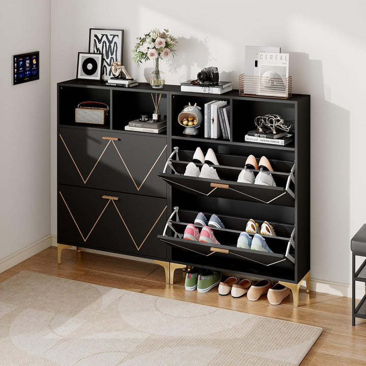 ModernLuxe Schuhschrank Schwarz mit 2 Klapptüren, 4-Fächer Schuhkommode 80×25×117 cm mit Halboffenen