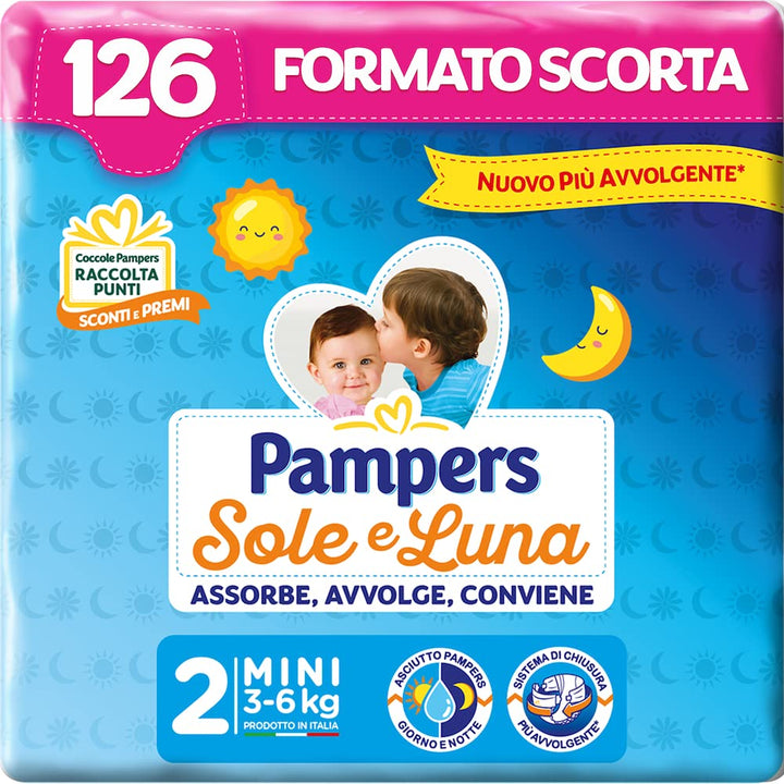 Pampers Sonne und Mond Mini, 126 Windeln, Grösse 2 (3-6 kg) Taglia 2 (Confezione da 126), Taglia 2 (