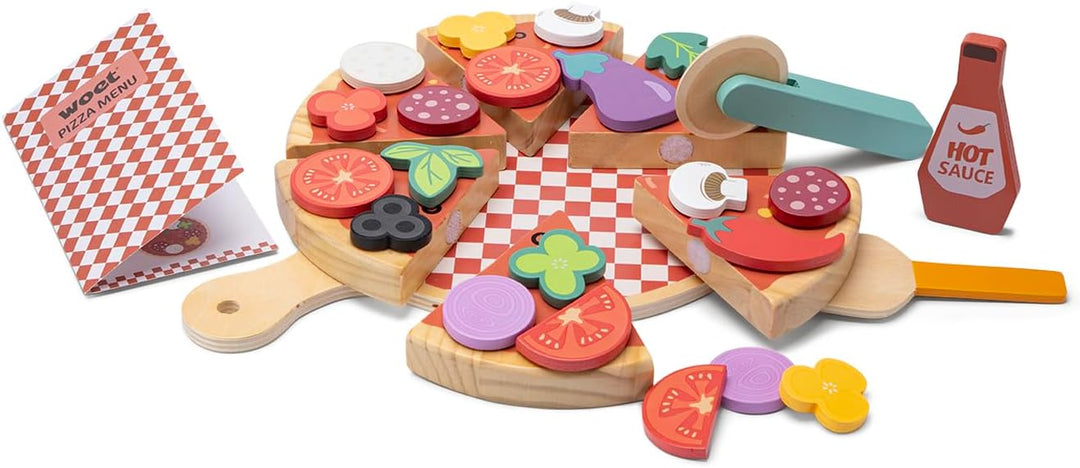 Woet® Holz Pizza Spiellebensmittel Set, 32 Teile mit Belag, Pizzaschneider, Servierbrett, Menükarte