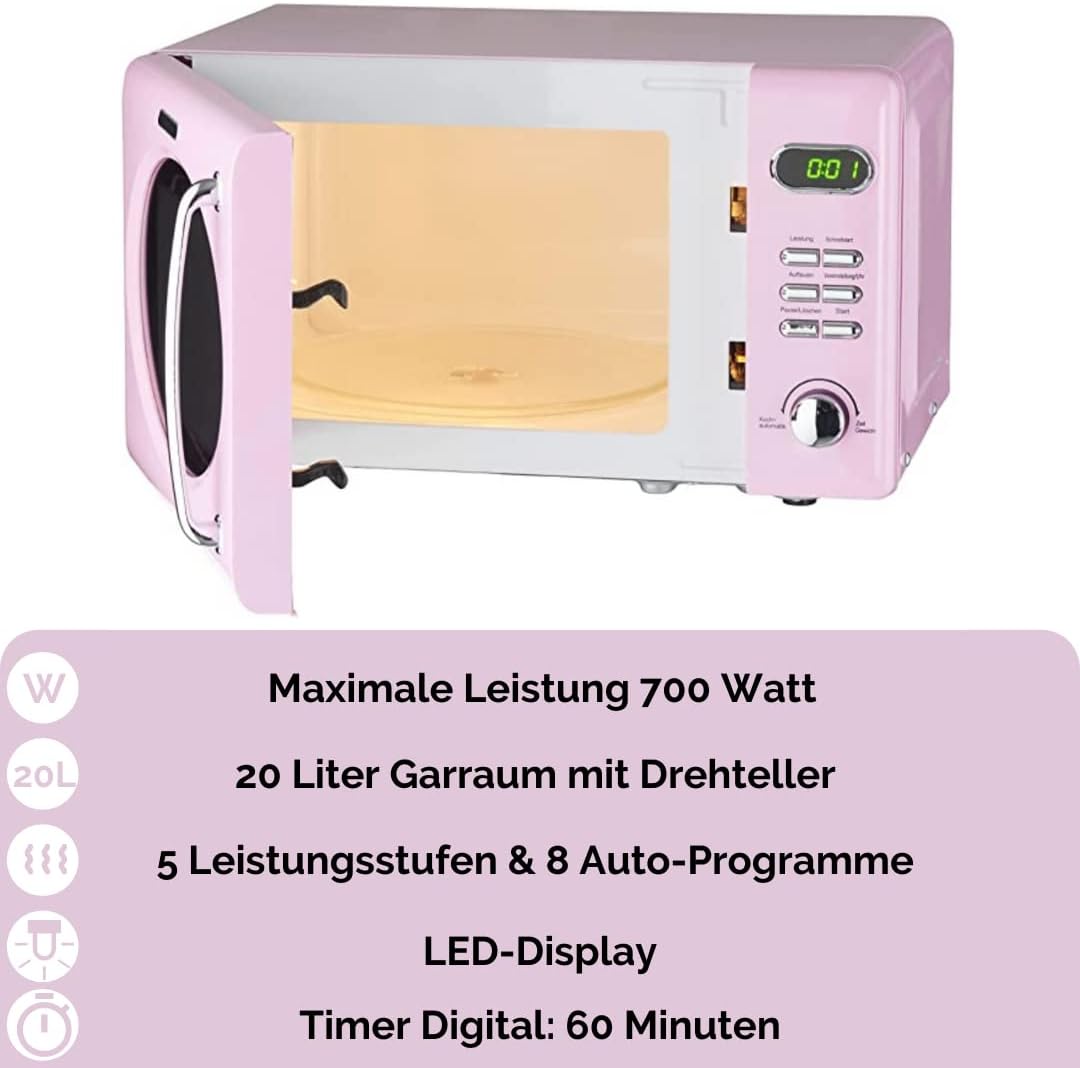 Wolkenstein Retro Stand Mikrowelle WMW720 SC I 700W Mikrowellenleistung I 20L Garraum I5 Leistungsst