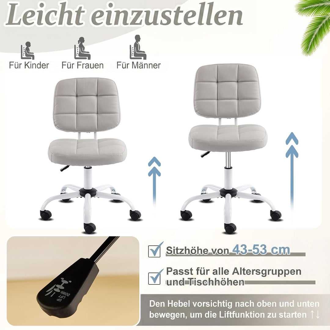 Bonnlo Bürostuhl ohne Armlehne, Kleiner komfortabler schreibtischstuhl mit Rollen, Drehstuhl Höhenve
