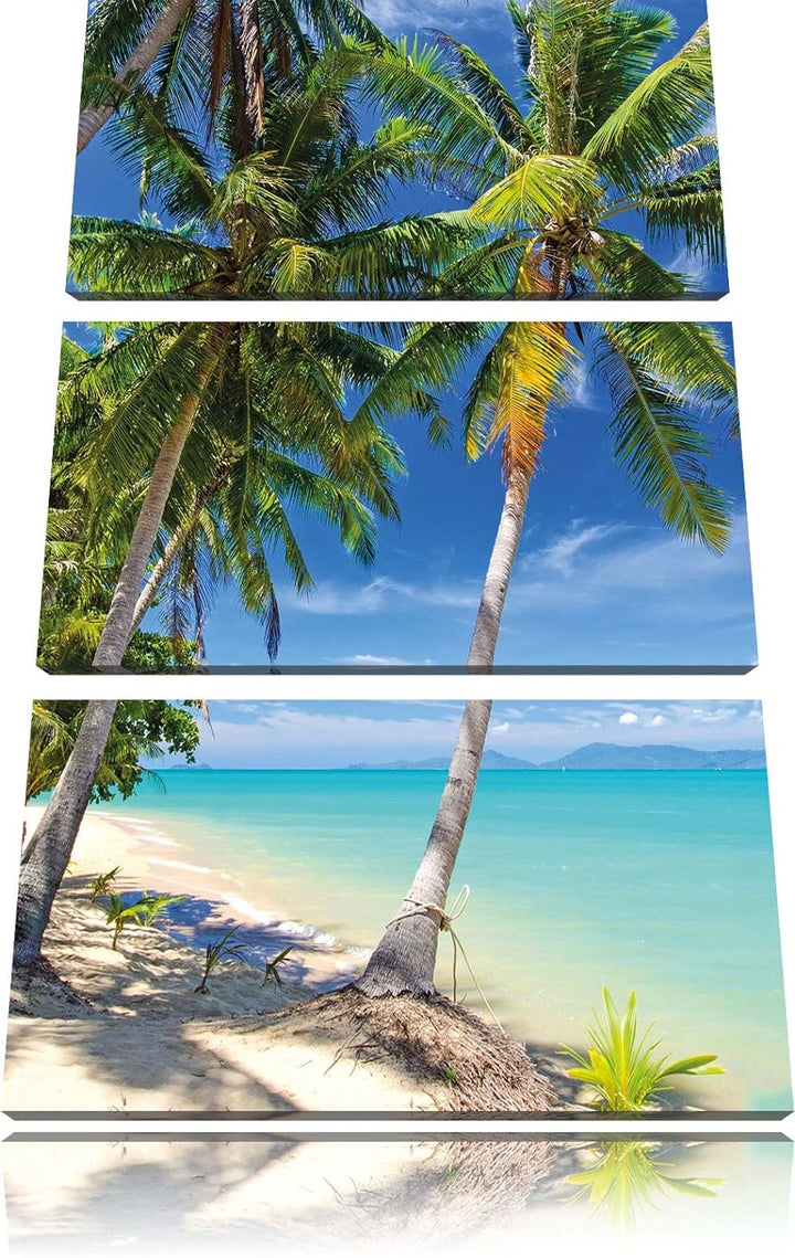 Pixxprint Palmen Traumstrand / 3-Teilig/Gesamtmass 120cm Leinwandbild bespannt auf Holzrahmen/Wandbi