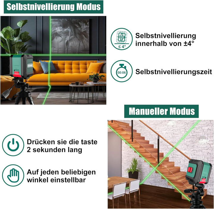 HYCHIKA Kreuzlinienlaser Grün, Selbstnivellierend Linienlaser 15M, Laser Wasserwaage 3 Stufen der He