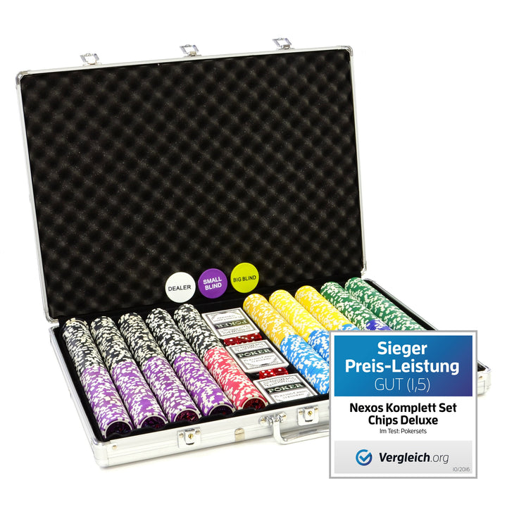 Nexos Trading Pokerkoffer 1000 Chips Laser Pokerchips Poker Komplett Set Alu-Koffer, Chips mit Metal
