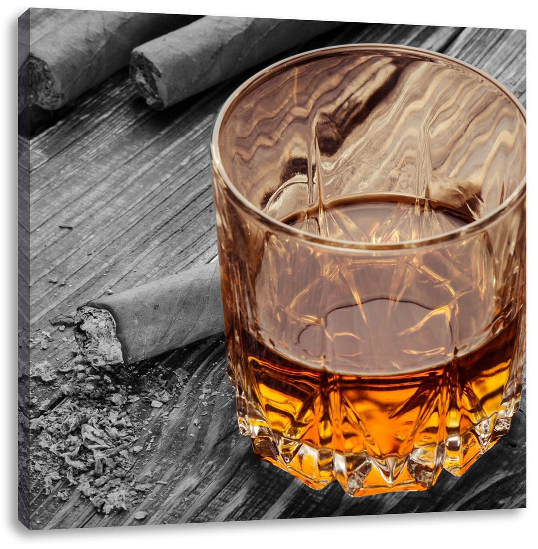 Pixxprint Zigarren hinter Whiskeyglas als Leinwandbild/Grösse: 70x70 cm/Wandbild/Kunstdruck/fertig b